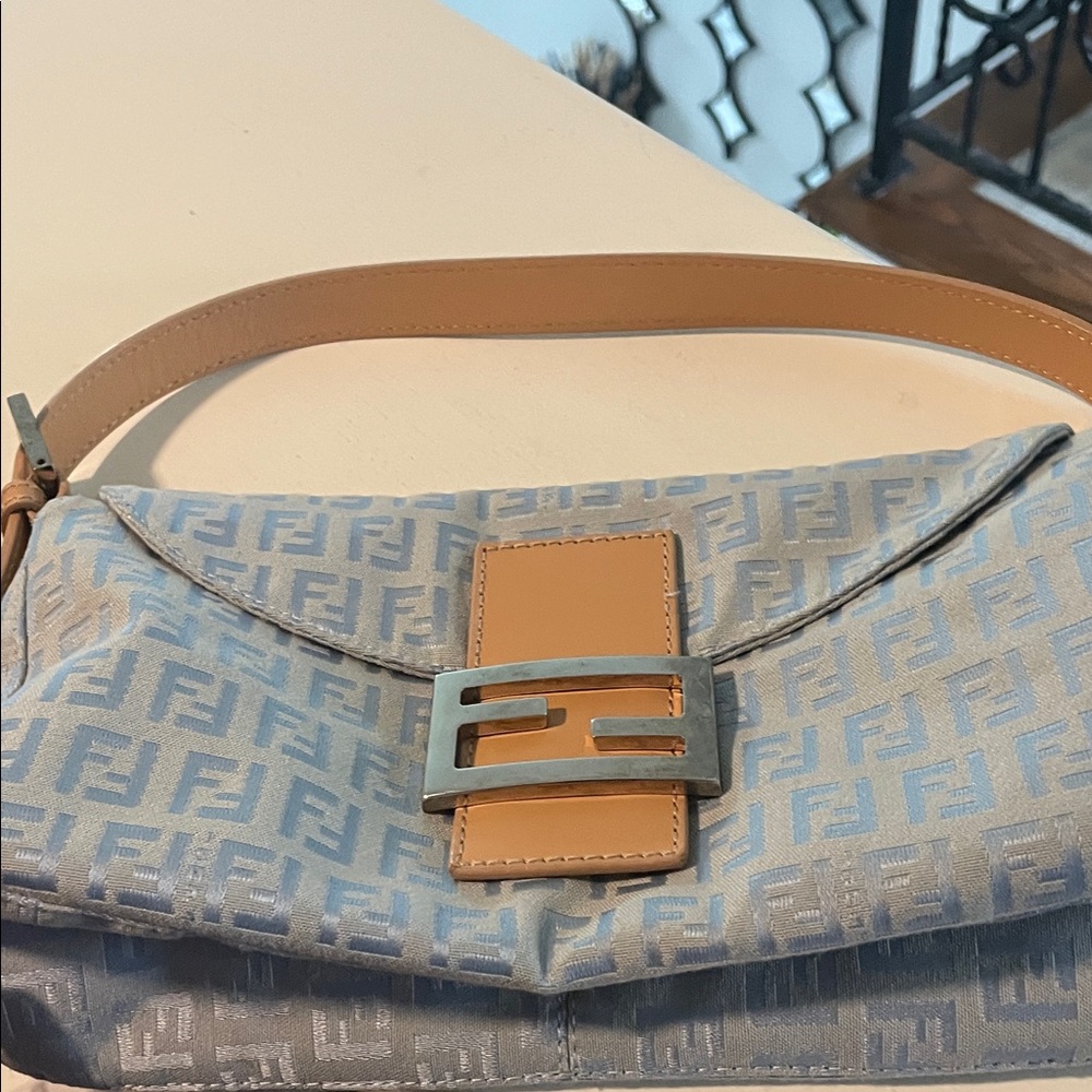 Fendi Light Blue Monogram Shoulder Bag with Tan Leather Strap -Zucchino - Picture 13 of 15